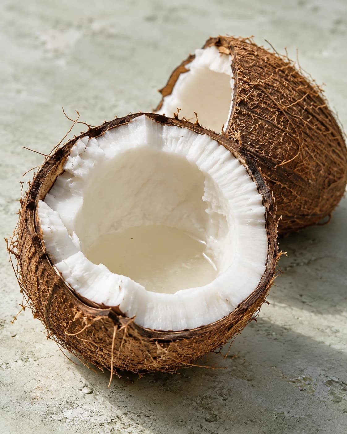 Dos mitades de coco abierto, con la pulpa blanca, la cáscara fibrosa y agua en su interior